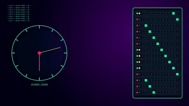 Digital pipeline automation workflow visualized through animated clock faces and server rack monitoring logs showing data processing cycles on a dark purple gradient interface screen display