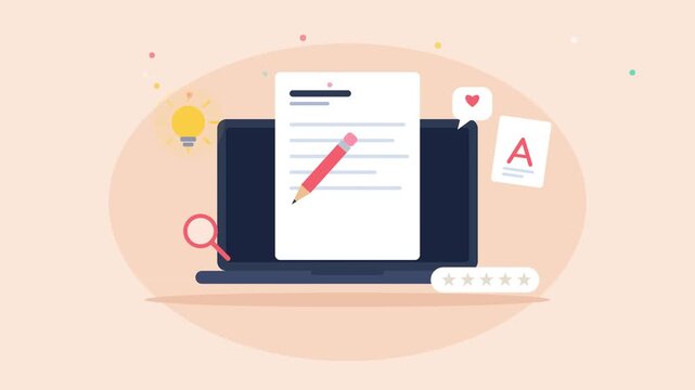 Content writing concept video animation featuring a document, laptop, pencil, and creative icons in motion clip