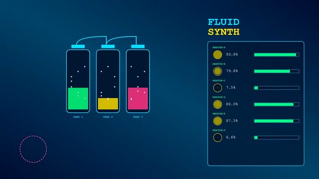 Digital fluid synth pipeline automation systems display chemical reactor levels with glowing bars and vertical tank charts on a dark blue glowing computer monitor screen