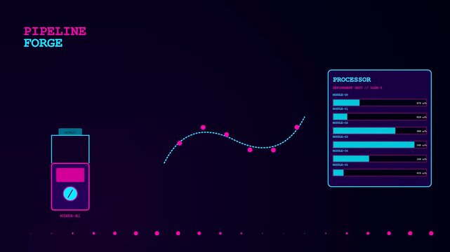 Pipeline automation processes displayed as a digital interface featuring shifting bar graphs and glowing trajectory curves reflecting fluid data movement across a dark violet screen