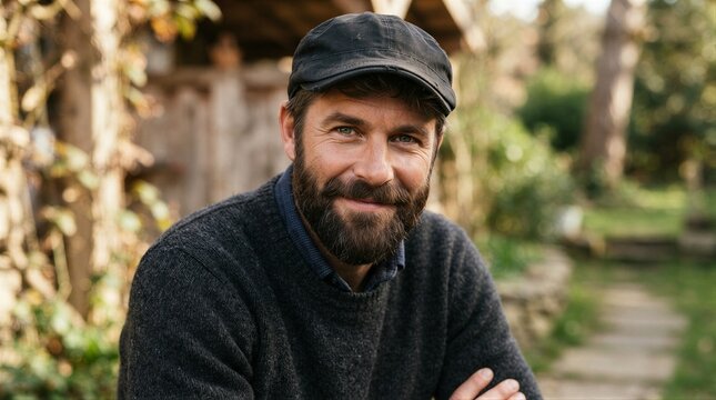 Bearded man smiling while seated in garden pathway