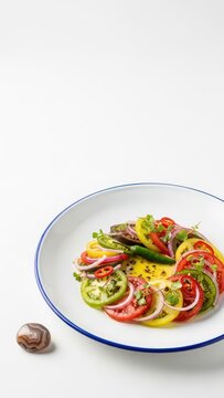 Minimalist Malagasy Lasary Voatabia Heirloom Tomato Salad on White Plate with Copy Space