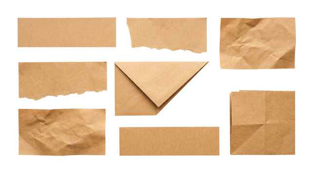 Various blank brown craft paper pieces and envelope isolated on transparent background