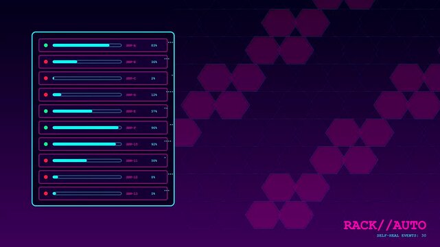 Pipeline automation displays showing server rack status with loading bars and changing numeric values in a digital interface featuring dark purple hexagonal grid patterns in motion