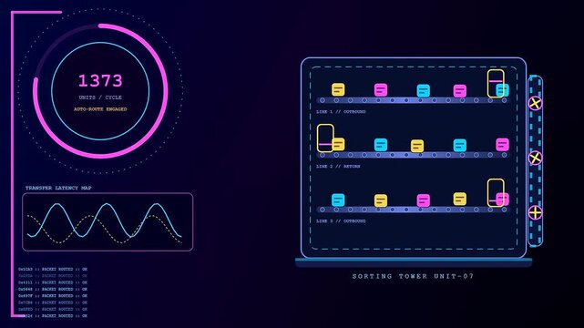 A pipeline automation process displays streaming digital data across three vertical monitor panels featuring glowing neon charts and oscillating frequency waves in a dark server room