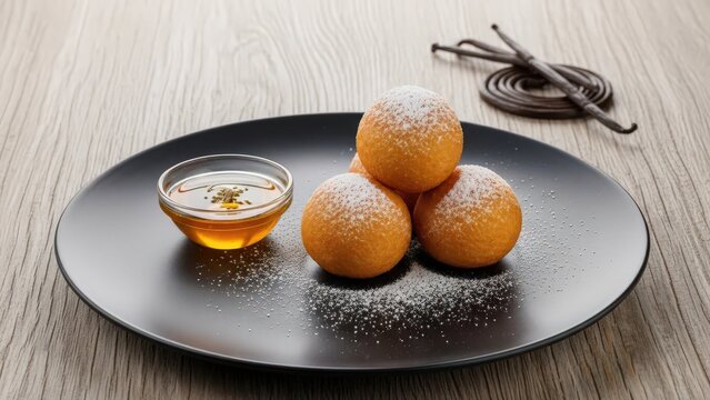Minimalist Malagasy Mofo Gasy Rice Cakes with Honey on Black Plate and Copy Space