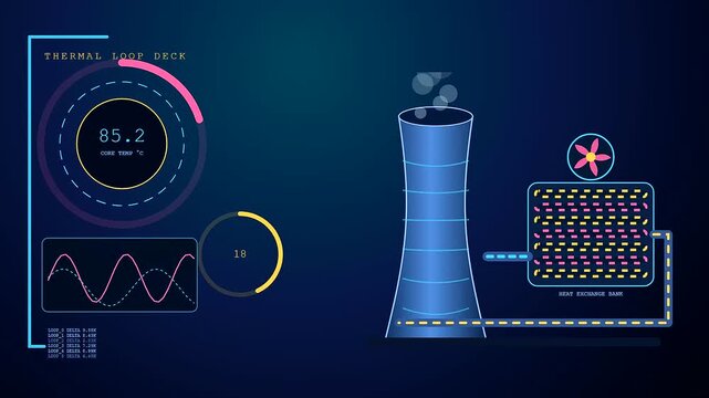 Pipeline automation displayed on digital interface screens showing thermal loop cooling systems with rising numerical temperature data values and circular gauge fluctuations in a virtual environment