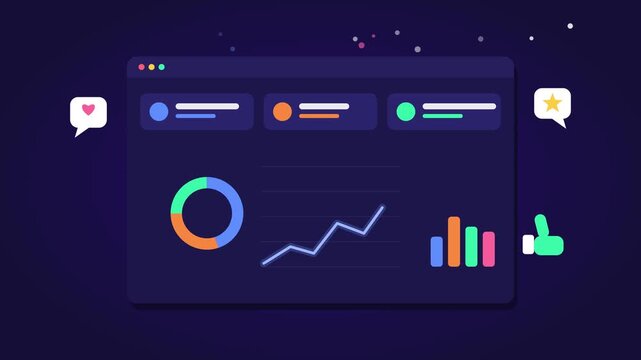 Animated business dashboard video showcasing colorful charts, graphs, data metrics, and upward trending financial growth