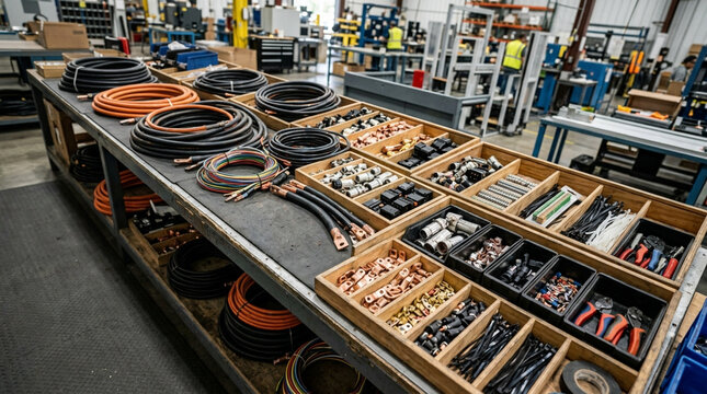Industrial assembly workbench in a manufacturing facility featuring organized coils of thick electrical power cables, copper lugs, connectors, cable ties, and hand tools for wiring harnesses.