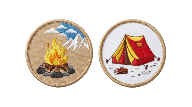 Two round embroidered patches with camping motifs one with a campfire, mountains, and clouds, and another with a red tent and a log, isolated on transparent background