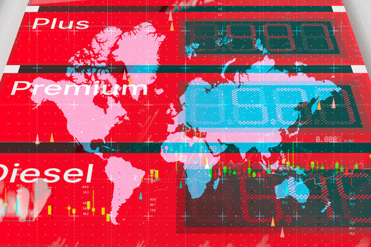 World map with stock market candlestick charts and Plus Premium Diesel fuel pricing data overlay. Global economy, financial market analysis or energy price concept for business.