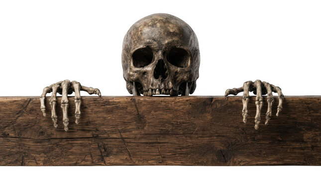 Human skeleton skull and hands gripping a rustic wooden beam isolated on transparent background