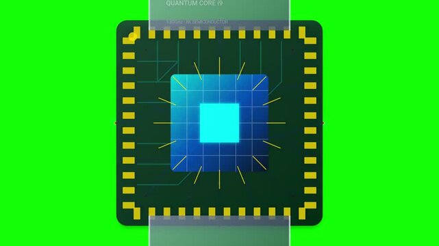 Animated graphic of a advanced quantum core microchip semiconductor with dynamic data routing and circuit connections isolated on a green screen background. Perfect for technology, hardware, and futur