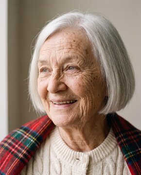 Serene senior woman with white bob in cream cardigan and tartan shawl gazing toward window light