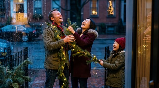Laughing parents and daughter hanging pine garland with string lights outside city home entrance