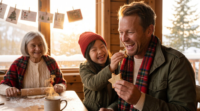 Playful girl feeding star cookie to laughing father beside grandmother rolling dough in sunlit cabin