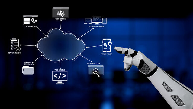 A futuristic robotic hand interacts with cloud computing icons, highlighting web development strategies such as coding, analytics, and user interface design for modern technology. Synapse