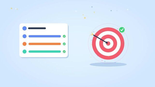Red target bullseye with a sharp arrow hitting dead center in animated motion clip vector graphics
