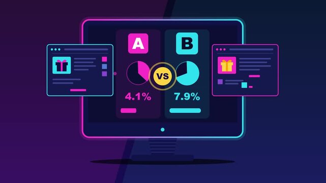 Dynamic split testing animation video displaying webpage conversion rates comparisons with vibrant glowing charts motion clip