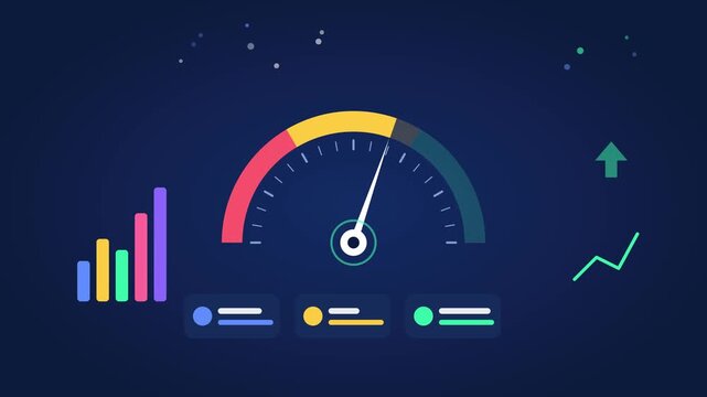 Colorful digital speedometer gauge graphic animation showing high performance and efficiency levels in modern video clip