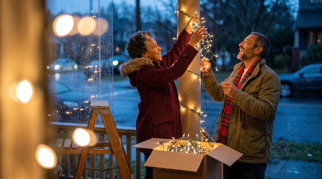 Mature multiracial couple hanging string lights on porch column with wooden ladder at night