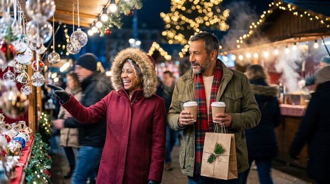 Multiracial couple browsing Christmas market stalls holding takeaway coffee cups and gift bag