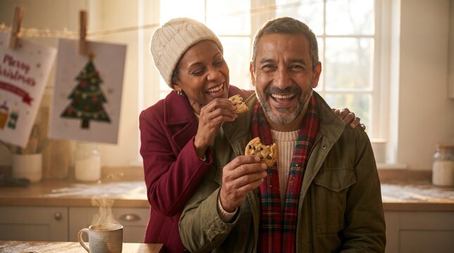 x-default Playful mature multiracial couple sharing chocolate chip cookies in kitchen with Christmas cards