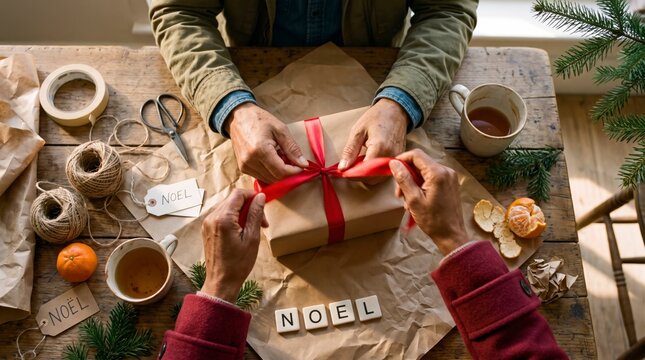x-default Overhead view of mature hands tying red ribbon on kraft paper gift with NOEL tags