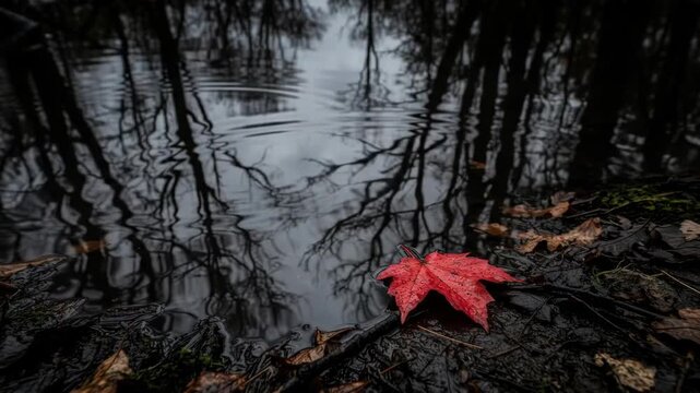 Vibrant red maple leaf at edge of dark moody rain puddle reflecting bare tree branches