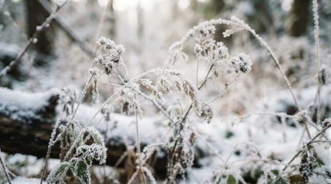 Delicate frost encrusted wild grasses bowing across forest floor