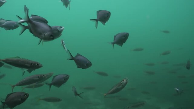 School of Fish Swimming Through Teal Ocean Water
