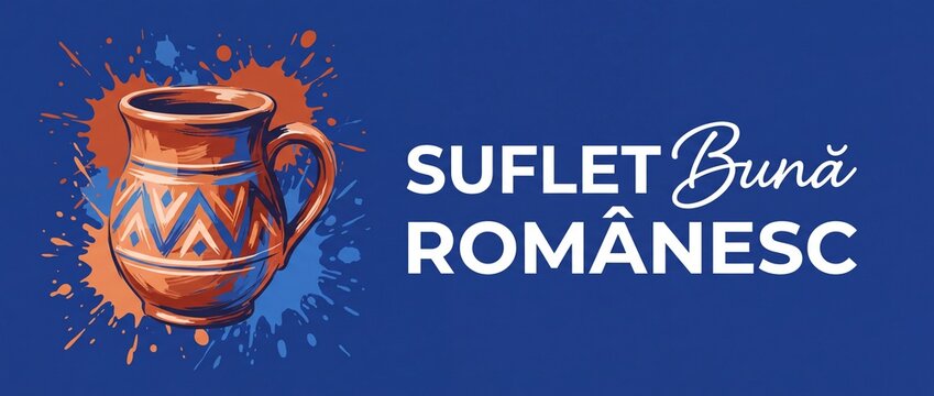 Romanian traditional clay ceramic pitcher folk art banner featuring geometric patterns paint splatter graphics and Romanian language text suflet romanesc celebrating cultural heritage and handicraft b