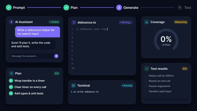 AI Assistant Generating TypeScript Code and Running Automated Tests on Software Development Dashboard, Isolated on Dark Background