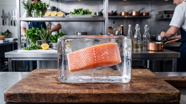 Fresh salmon fillet displayed in ice block on a wooden cutting board