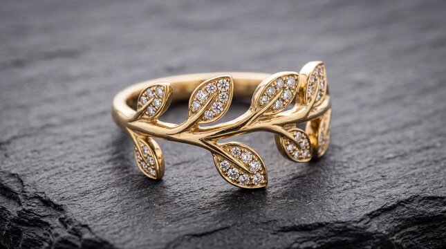 Elegant gold ring with leaf design and sparkling diamonds on slate