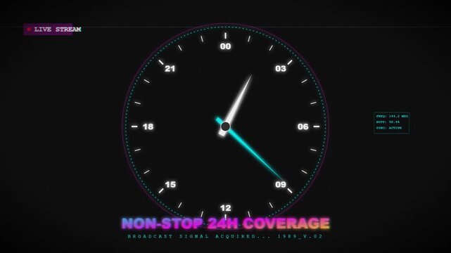 Vintage retro twenty four hour animated clock cycle with alpha channel for video production motion