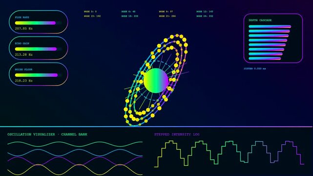 a colorful volumetric diagnostics display featuring glowing orbital paths and oscillating wave patterns shown in a triple panel digital interface for complex data analysis monitoring processes