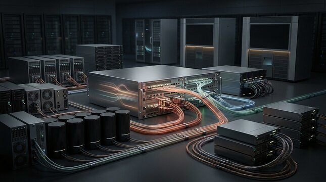 Modern data center showcasing intricate network infrastructure, vital for portable workloads transitioning, delivering scalable and high-performance computing solutions