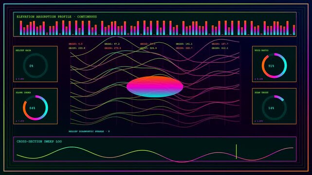 Volumetric diagnostics display flickering on three separate dark monitors showcasing glowing waveform lines undulating across a vibrant gradient oval shape in a virtual software interface panel