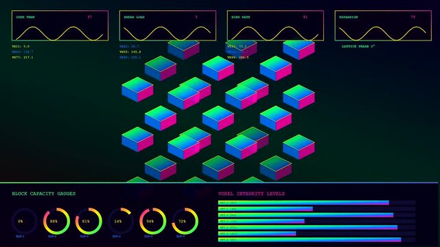 Volumetric diagnostics displayed on three digital monitors showing isometric cube arrays with fluctuating wave graphs and circular gauge charts in a dark cybernetic monitoring interface environment