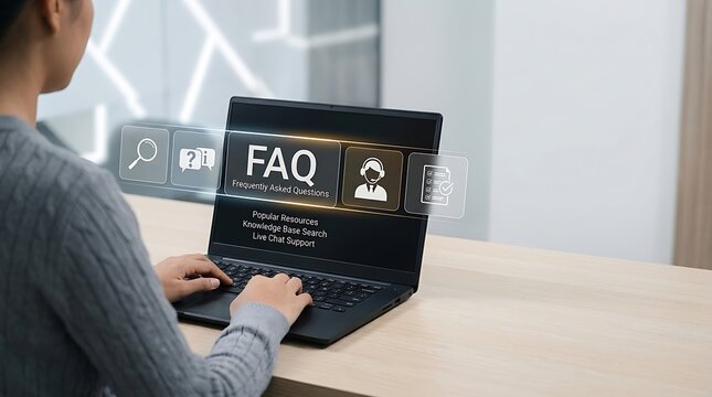 Professional woman using a laptop to browse a Frequently Asked Questions (FAQ) portal with digital icons for customer support, live chat assistance, knowledge base search, and popular resources.