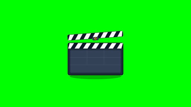 Premium 2.5D stylized clapperboard snap with impact flash transitioning into a colorful parallax mountain landscape on pure green screen.