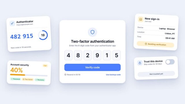 Two-factor authentication 2FA process with 6-digit code entry and verification success animation, isolated on solid background
