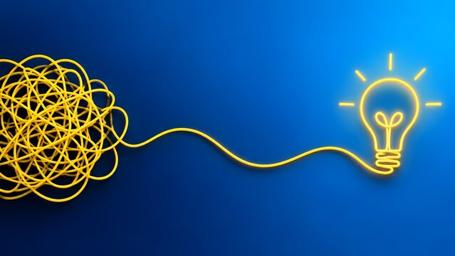 Problem solving concept with tangled yellow wire straightening into glowing lightbulb on blue background representing idea clarity