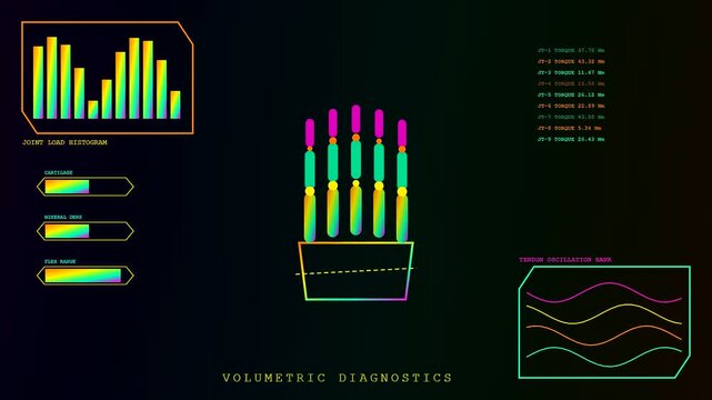 Digital volumetric diagnostics display featuring abstract skeletal hand anatomy charts with glowing bar graphs and oscillating wave patterns rendered in a neon dark medical interface style