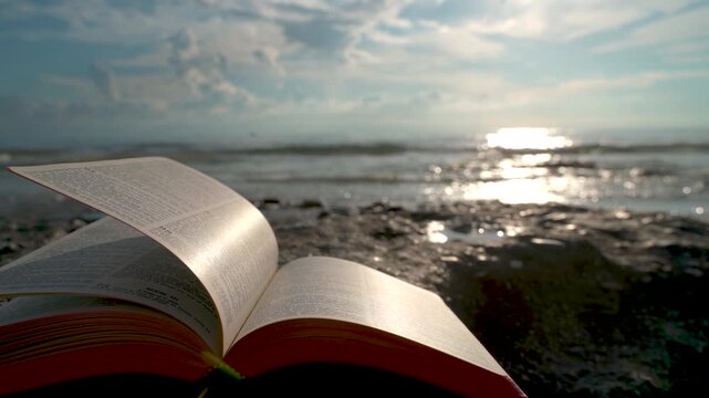 Open Bible Book with Fluttering Pages on Rocky Beach at Sunset