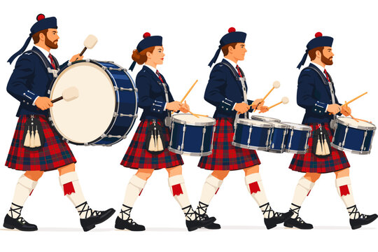 Scottish drum band marching in uniform with drums at an outdoor event