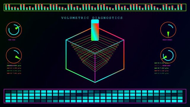A volumetric diagnostics display shows glowing neon cube geometry with oscillating waveform data and rotating circular meters on a dark digital interface for complex scientific monitoring