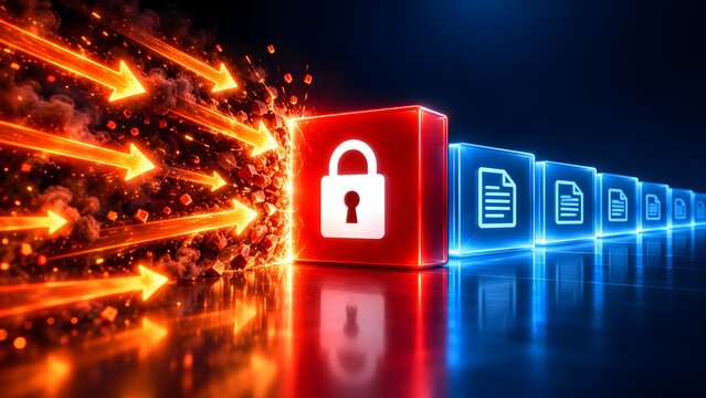Firewall security concept with glowing red padlock blocking cyber attack arrows to protect digital document folders on dark background