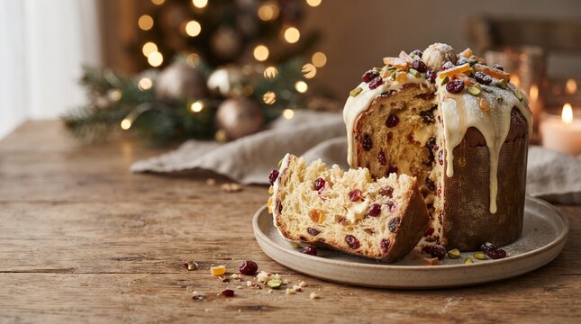 A delicious panettone, a sweet bread filled with candied fruit and raisins, sits invitingly on a rustic wooden table, adorned with a slice cut to reveal its festive interior.